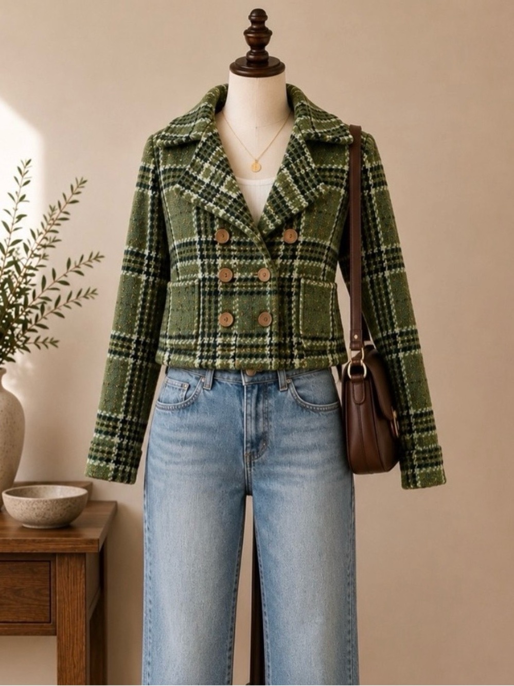 Simon Chang Y2K Green Plaid Wool Blend Cropped Peacoat Jacket Women's Size 10